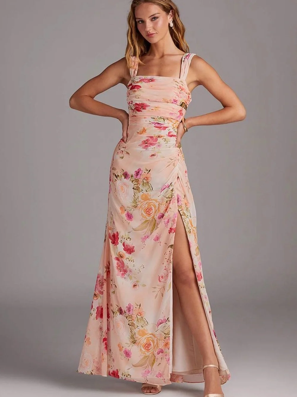 Azazie Abstract bouquet floral sheath bow chiffon Maxi dress